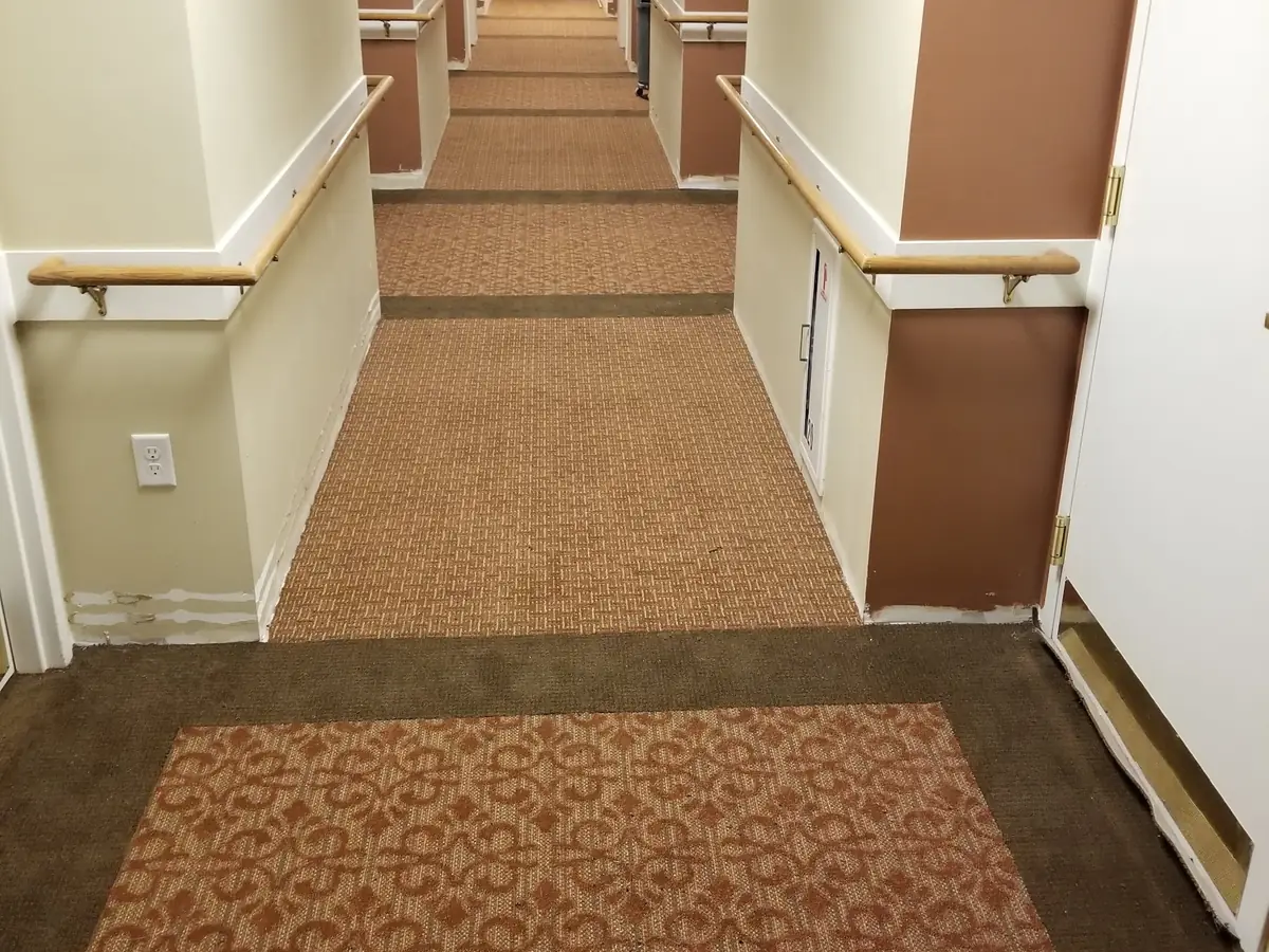 Patterned carpet in a corridor